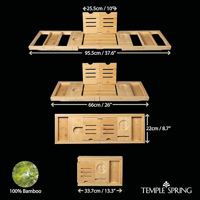 Temple Spring Foldable Bamboo Bathtub Tray Caddy for Tub — Expandable One-Piece Wood Bath Table with Wine Holder Book Stand and Non-Slip Pads — Space-Saving Bath Caddy — Housewarming