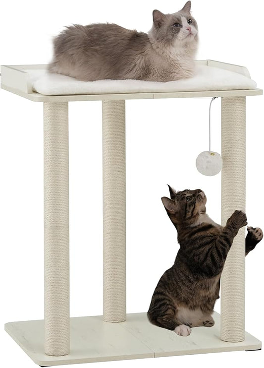 26.7in Large Cat Tree Tower Condo, Cat Scratch Posts for Indoor Cats, Big Plate, Three 23.6in Full Sisal Scratching Posts, White