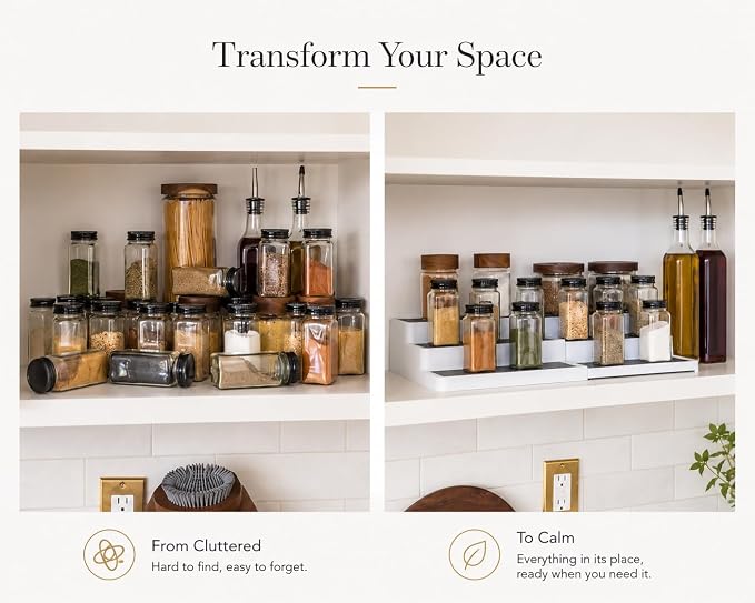 Pack of 1, Expandable 3 Tiered Spice Rack Organizer for Cabinet and Kitchen Pantry Shelf - Non-Slip Shelves for Spices, Seasoning, Canned Food, Medicine Cabinet Organizer - Includes Silicone Funnels
