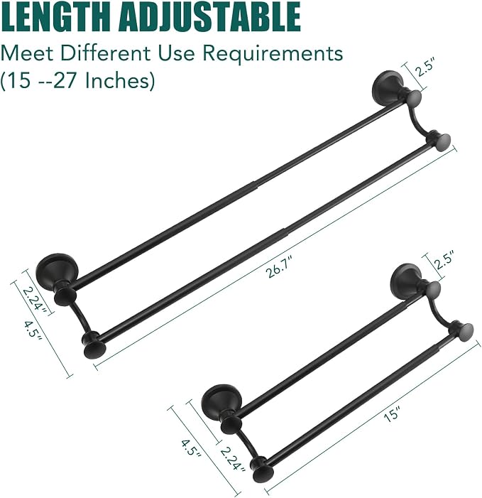 Hoimpro Adjustable Retractable 15-27 Inches Stainless Steel Bathroom Towel Bar, Bathroom Accessories Bath Hotel Double Towel Bar Rod Hanger Wall Mounted Towel Holder Towel Rack, Matte Black