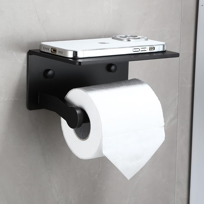Toilet Paper Holder with Cell PhoneShelf - Toilet Tissue Holder with Wipes Storage, Wall Mounted by Adhesive Tape or Screw - Matte Black