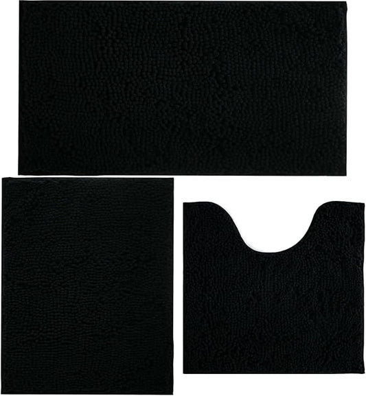Bathroom Rugs Chenille Bath mat 3 Piece Set, Super Absorbent, Strong PVC Non Slip Backing, Bath mats for Bathroom, Plush Shaggy, Thick, Machine Washable, Bathtub, Shower, Toilet, Black