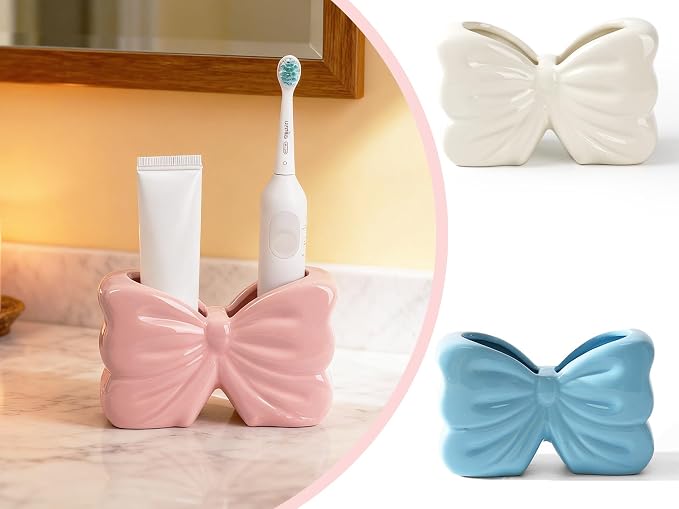 Bow Toothbrush Holder， 2-Slot Toothbrush and Toothpaste Holder Cute Toothbrush Holder Set, Bathroom Counter Organizer for Bathroom，Electric Toothbrushes, Floss, Razors - Pink