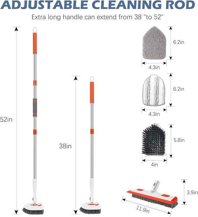 SetSail 4-in-1 Tile Tub Floor Scrubber with Floor Scrub Brush, Orange | with 3 Detachable Replacement Brush Head, Multi-Angle Cleaning Locks at 45°, 90°, 180° for Bathroom Kitchen Walls Tub Tile