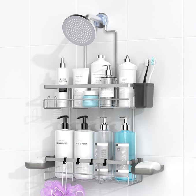 Hanging Shower Caddy Over Showerhead - Rustproof No Drill Shower Organizer | Includes Soap Holder and Hooks for Shampoo, Conditioner, and Bathroom Essentials with Quick Drainage Design