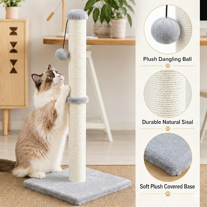 Dimaka 29" Height Tall Cat Scratching Post, Claw Scratcher with Sisal Rope and Covered with Soft Smooth Plush, Vertical Scratch [Full Strectch] for Standard Size Cats(Grey, 29 inches for All Cats)