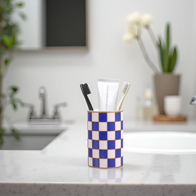 Checkered Bathroom Toothbrush Holder, Bathroom Black and White Ceramic Toothbrush Holder, Modern Toothbrush Box, Used for Bathroom countertop Storage Rack, Checkered Bathroom Decoration (Blue)