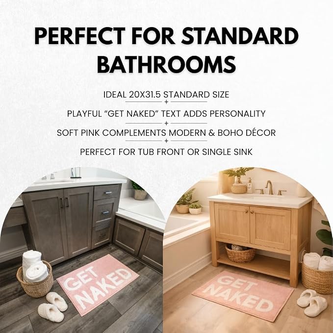 LABEND HOME Get Naked Bath Mat 20" x 31.5” - Funny Bathroom Rug, Plush Microfiber Non-Slip Backing, Machine Washable Quick-Dry Bath Decor - Pink