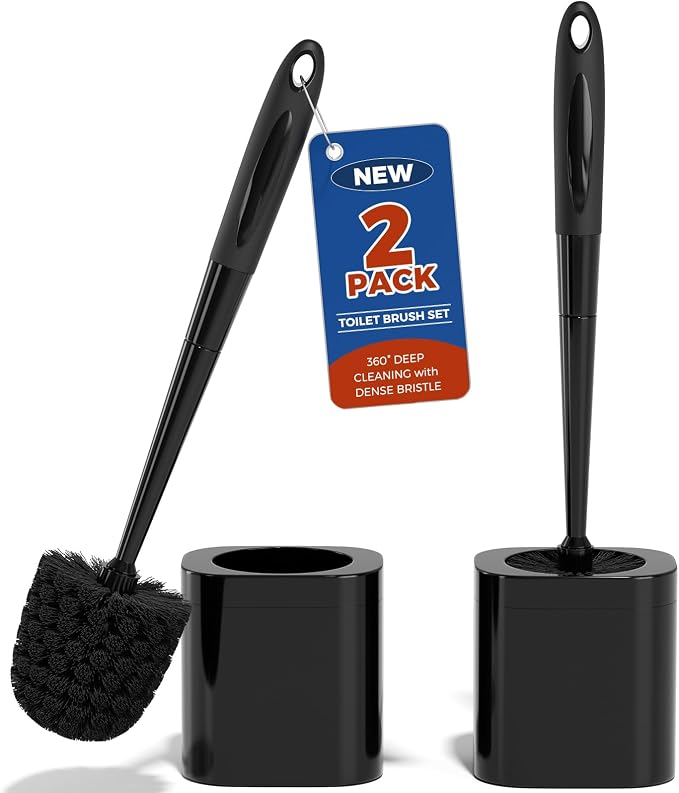 Holaloha Toilet Brush and Holder Set, Space Saving, 2 Pack, Black | Bathroom Accessories, Ergonomic Silicone Handle, Dense Bristles, Deep Cleaning, Scrubber, Compact Design