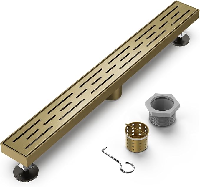 Brushed Titanium Gold Shower Drain 36 Inch, 304 Stainless Steel Linear Shower Drain with Removable Brick Pattern Grate - Adjustable Rectangular Shower Floor Drain with Hair Strainer, Linear Drain