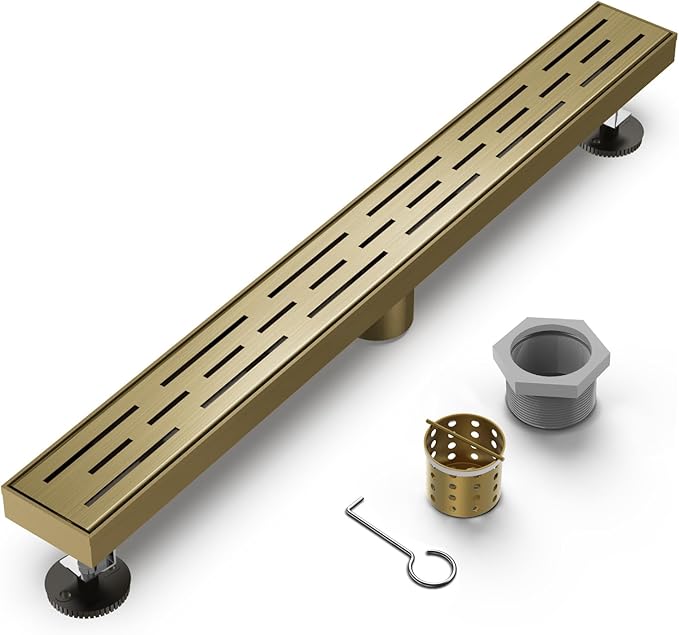 Brushed Titanium Gold Shower Drain 24 Inch, 304 Stainless Steel Linear Shower Drain with Removable Brick Pattern Grate - Adjustable Rectangular Shower Floor Drain with Hair Strainer, Linear Drain