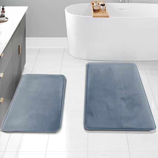 Clara Clark 2 Piece Bathroom Rug Set - Memory Foam, Bath Mat Set, Plush, Cozy, Ultra Soft, Non Slip, Machine Washable, Quick Dry - 24” x 17”+ 32” x 20” - Stone Blue