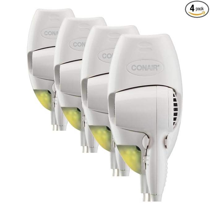 Conair Wall-Mount Hair Dryer,1600W Blow Dryer with LED Nightlight,2 Heat 2 Speed Settings,White,(Pack of 4)