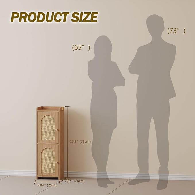 Arbuxzuy Rattan Bathroom Storage Cabinet,Corner Floor Cabinet with 2 Doors and Adjustable Shelf, Narrow Toilet Paper Cabinets with 2Hooks,Toilet Organizer for Small Spaces,7.87"D*9.84"W*29.72"H Oak