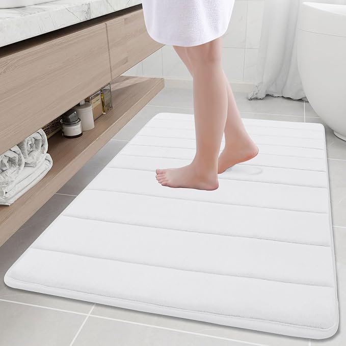 Buganda Memory Foam Bath Mat 40 x 32, Ultra Soft Absorbent Bathroom Rugs | White, Machine Washable Quick Dry Bath Mats for Bathroom Floor, Shower and Tub, Home Decor Accessories
