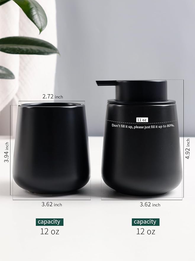 Bosilunlife Soap and Toothbrush Holder Set - Ceramic Bathroom Accessories Set Black Foaming Hand Soap Dispenser Set Bathroom Counter Toothbrush Holder and Soap Dispenser Set