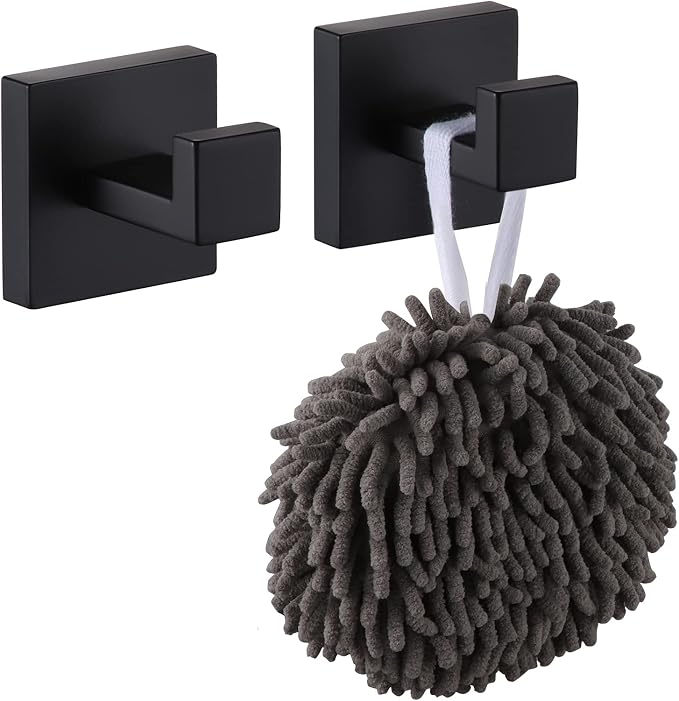KOKOSIRI Bath Towel Hook Wall Mount Square Robe Hook Coat Hook, Bathroom Kitchen Garage Heavy Duty Wall Mounted, SUS 304 Stainless Steel, Matte Black, B1010BK-P2