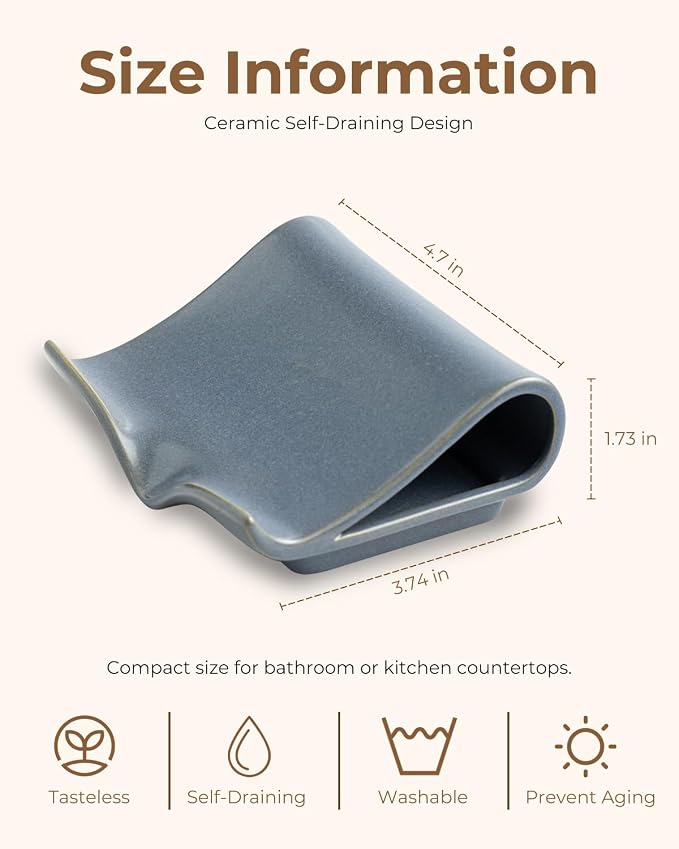 Zoeeker Self-Draining Soap Dish, Ceramic Soap Holder with Drain Spout | Bar Soap Saver Waterfall Design Drying Tray for Shower Bathroom Kitchen Bathtub, Sink Organizer Tray, Extends Soap Life, Blue