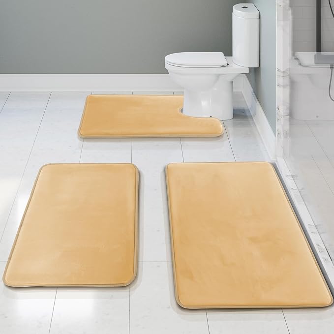 Clara Clark 3 Piece Bathroom Rugs Bath Mat Set, Velvet Memory Foam Bath Mats for Bathroom - Non-Slip, PVC Backing Bath Rugs, Washable - Dries Quickly, Beige