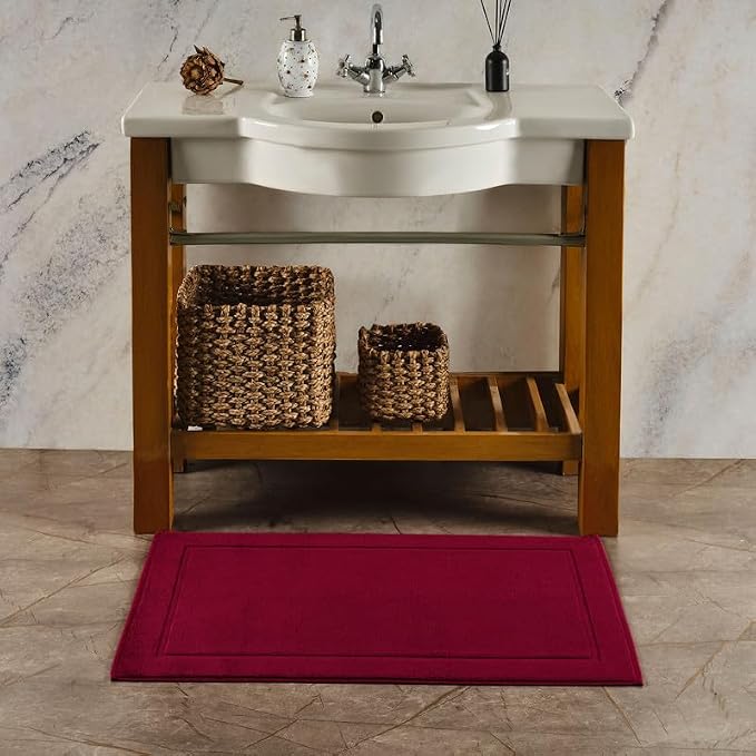 Hawmam Linen Red Bath Mats, 21 x 34 inches, Pack of 2-100% Ring Spun Cotton,[Not a Bathroom Rug] Banded Design, Highly Absorbent, Machine Washable for Bathroom Floor Towel