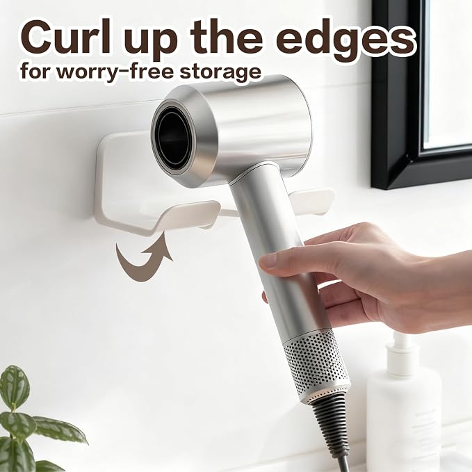Universal Hair Dryer Holder Wall Mount -2PCS Adhesive Blow Dryer Holder With Plug Slot Organizer Hanger for Bathroom Cabinet Storage, Fits Most Hair Dryers, White