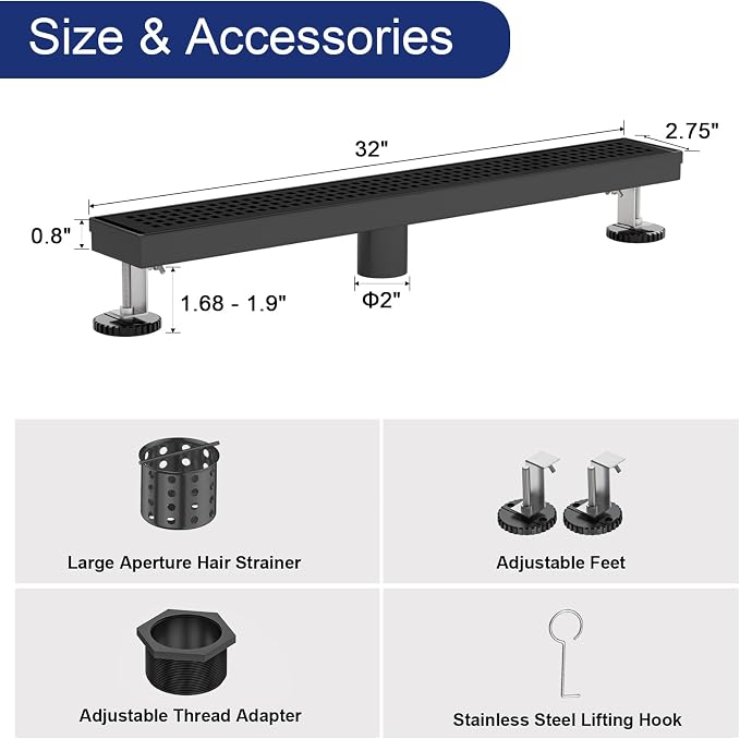 Linear Shower Drain | 32 Inch AISI 304 Stainless Steel Shower Drain, Matte Black Linear Drain with Removable Quadrato Grate Cover & Adjustable Feet, Rectangle Floor Drain, in Bathroom Balcony etc