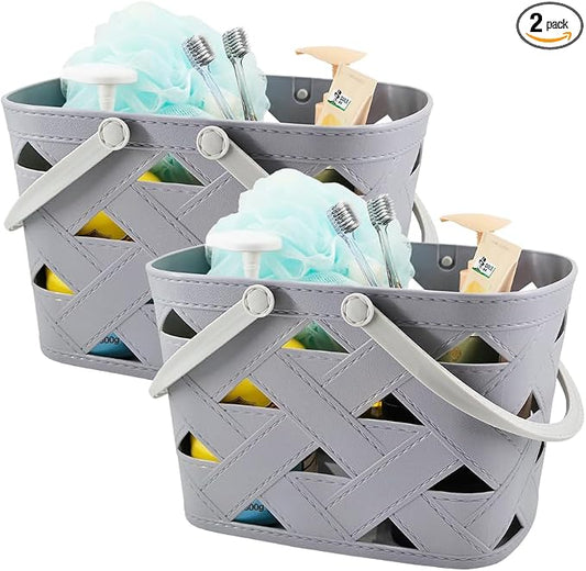 Portable Shower Caddy 2 Pack, Plastic Bathroom Caddy Organizer with Handle and Holes, Cleaning Basket Storage Tote for Toiletry, College Dorm Room Essentials (Light Grey 2 pcs)