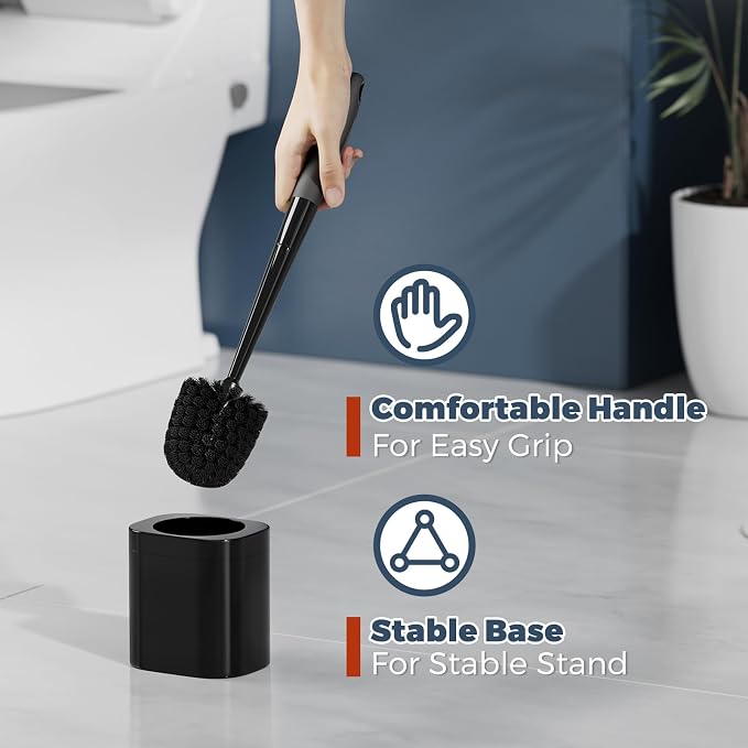 Holaloha Toilet Brush and Holder Set, Space Saving, 2 Pack, Black | Bathroom Accessories, Ergonomic Silicone Handle, Dense Bristles, Deep Cleaning, Scrubber, Compact Design