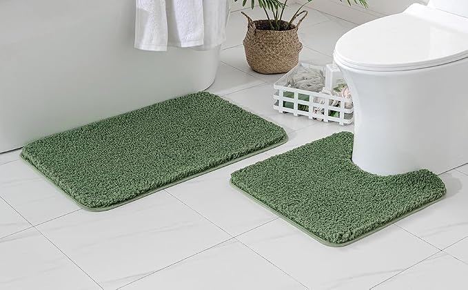 MIULEE Moss Green Bathroom Rugs Set 2 Piece Soft Bath Mats 20x20+20x32 Inch | Absorbent Microfiber Bath Mat and U-Shaped Toilet Rug, Non Slip, Quick Dry, for Bathroom Floor Tub Showers, Machine Washable
