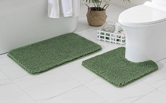 MIULEE Moss Green Bathroom Rugs Set 2 Piece Soft Bath Mats 20x20+20x32 Inch | Absorbent Microfiber Bath Mat and U-Shaped Toilet Rug, Non Slip, Quick Dry, for Bathroom Floor Tub Showers, Machine Washable