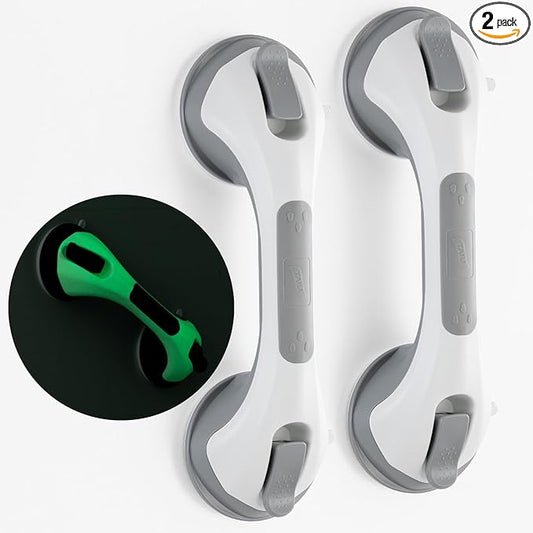 TAILI Shower Grab Bar Glow in The Dark, 2 Pack 12.2 in Grab Bars for Bathtubs and Showers,Shower Handles Rails for Seniors and Elderly,Bathroom Safety Grip Removable No Drilling Waterproof Grey,G9