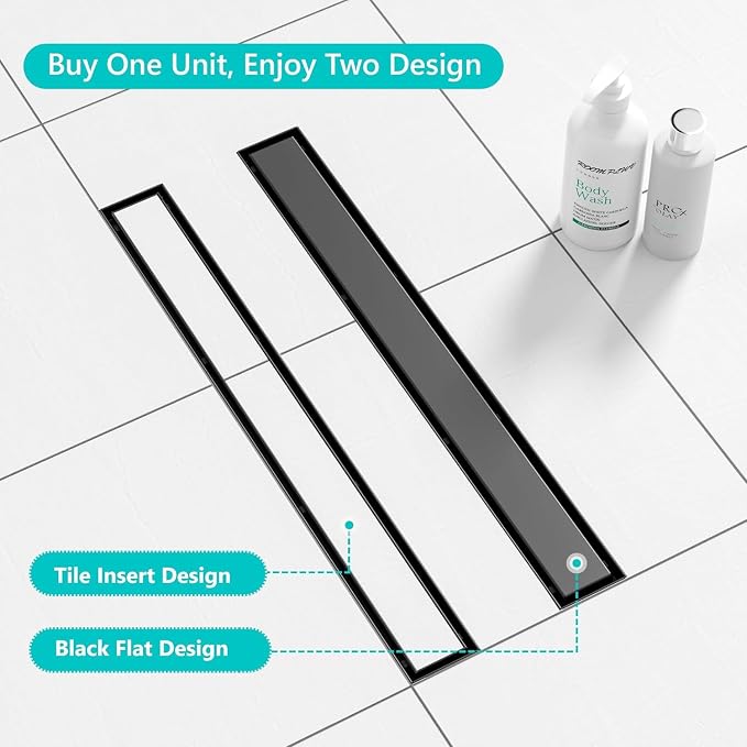 Neodrain 72 in Matte Black Linear Shower Drain- with 2-in-1 Flat & Tile Insert Cover, 304 Stainless Steel Rectangle Shower Floor Drain,Floor Shower Drain
