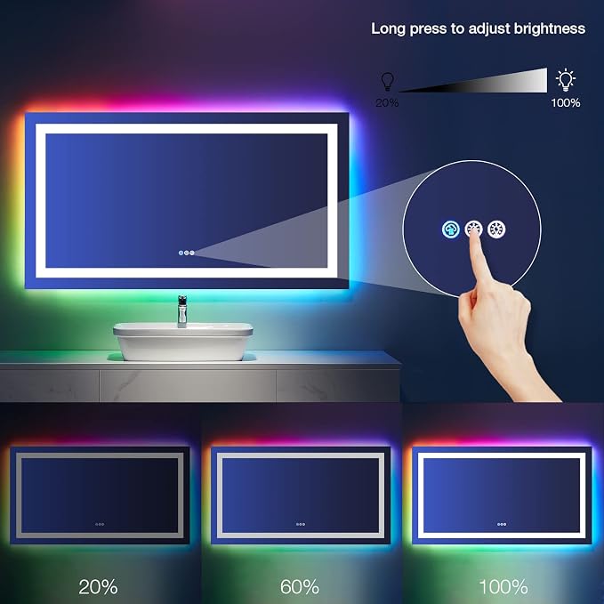 LOAAO 55"X30" RGB LED Bathroom Mirror with Lights, UL Listed | Anti-Fog, Dimmable, RGB Backlit + Front Lighted, Memory Function, Tempered Glass