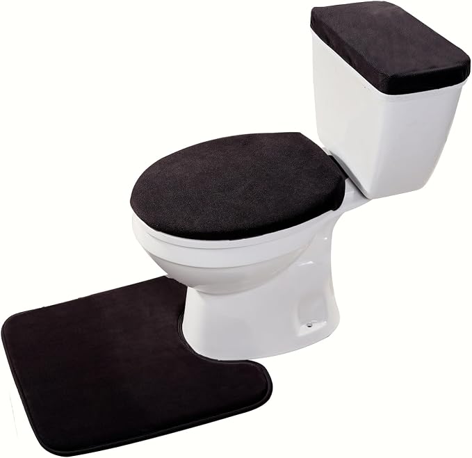 Madeals Velvet Toilet Lid Cover and Tank Lid Cover with Memory Foam Toilet Mat 3 Piece Toilet Contour Mat Set Black
