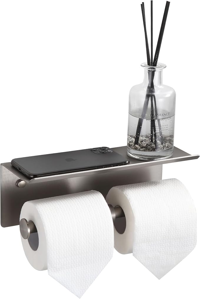 Brushed Nickel Toilet Paper Roll Holder with Shelf Wall Mounted for Bathroom (Brushed Nickel, Double Head)