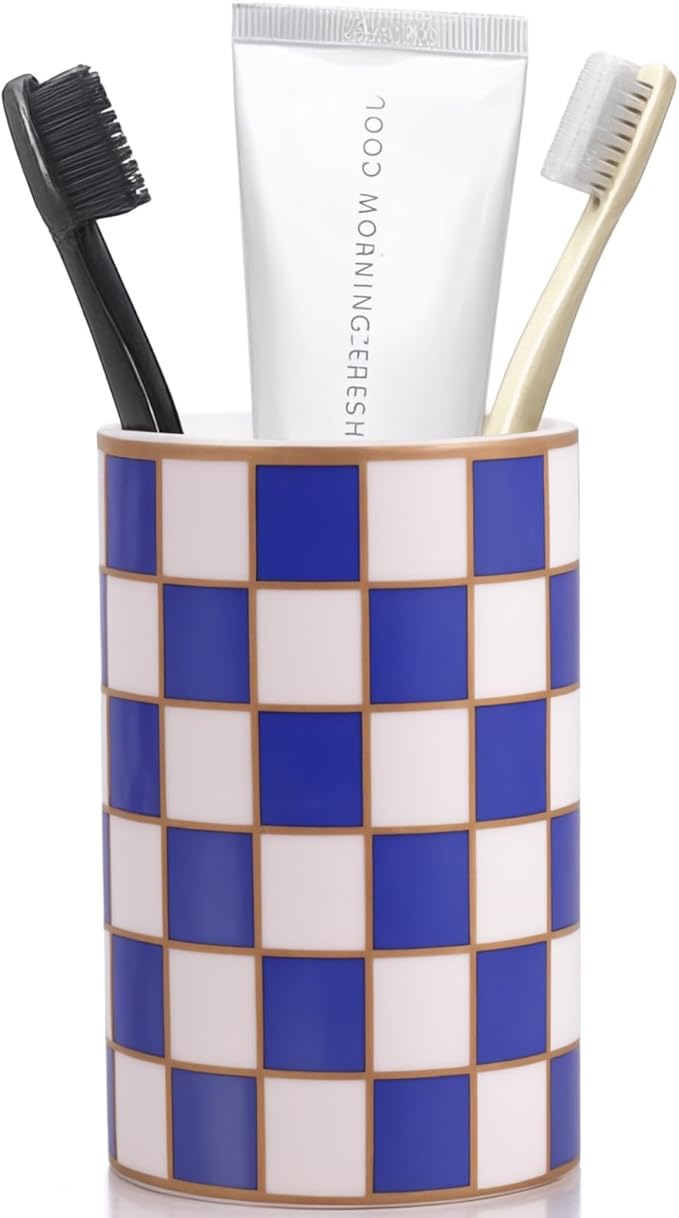 Checkered Bathroom Toothbrush Holder, Bathroom Black and White Ceramic Toothbrush Holder, Modern Toothbrush Box, Used for Bathroom countertop Storage Rack, Checkered Bathroom Decoration (Blue)