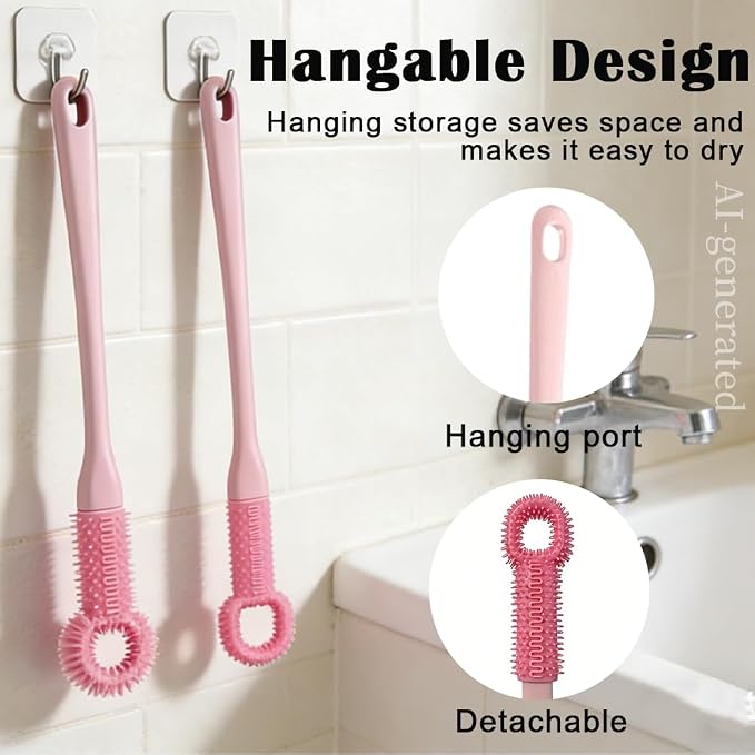 2 Pack Foot Brush in Shower, Extended Handle Foot Scrubber, Soft Rubber for Cleaning Dead Skin, Dense Foam Toe Cleaning with Hanging Storage,Scrub Brush for Senior, Pregnant, Men, Women(Pink)