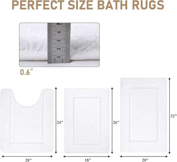 Pauwer 3 Piece Bathroom Rug Set, Non Slip Washable Bath Mat, White | Soft Plush Microfiber, Super Absorbent Floor Carpet, U Shaped Toilet Mats, Quick Dry, Shaggy Shower Rugs Runners