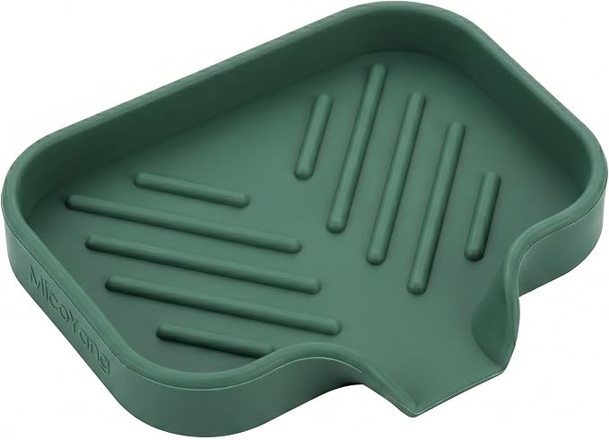 MicoYang Silicone Soap Dish with Drain Spout, Self-Draining Sink Organizer Tray for Bathroom and Kitchen, Sponges, Dispensers and Soap Holder, Non-Slip and Dishwasher Safe, Green (Compact, 4.9"×3.2")