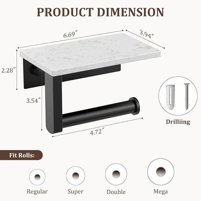 BWE Matte Black Toilet Paper Holder with Marble Shelf, Toilet Paper Roll Holder Wall Mounted, Toilet Paper Roll Holder with Phone Shelf 304 Stainless Steel Tissue Holder for Bathroom Washroom