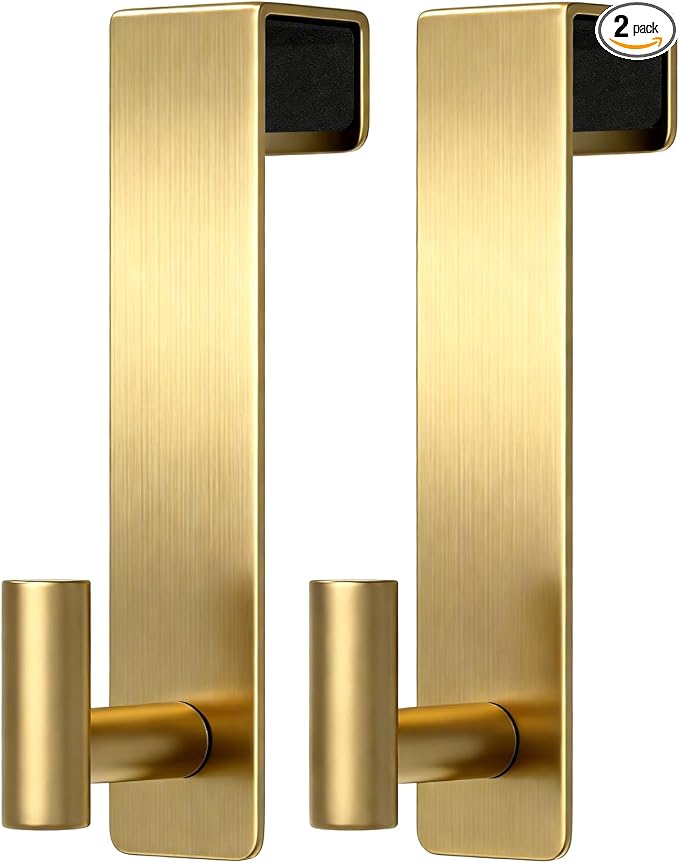 PMMASTO 2-Pack Over The Door Hooks - Rustproof Stainless Steel Door Hangers for 1-3/4 Inch Doors, Non-Marking and Tool-Free Easy Install (Gold, T Shape)