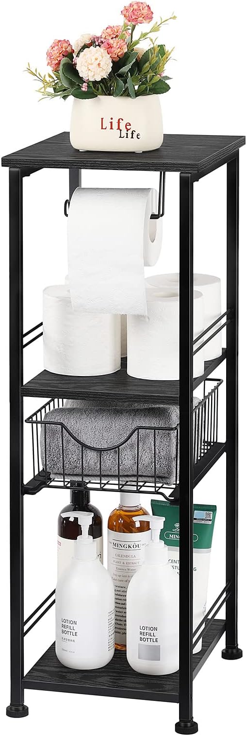 OYEAL Toilet Paper Storage Cabinet Black Small Bathroom Side Shelf with Drawer Narrow Bathroom Storage Cabinet Towel Storage Organizer for Bathroom Laundry Room Kitchen Pantry, Black