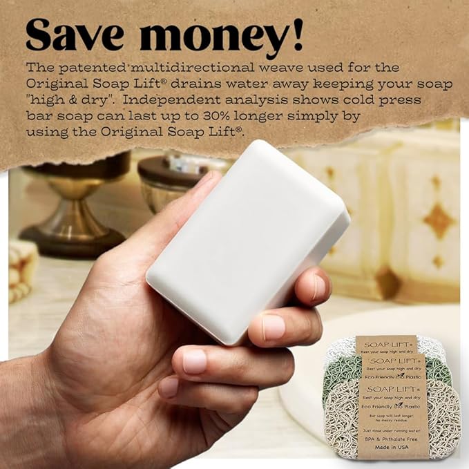 Soap Lift Soap Bar Holder - Flexible Shower Tray with Self-Draining Design - Soap Saver Made of BPA-Free Bioplastic - Handmade Soap Lift for Dishes, Shower & Bathroom Sink -3-Pack (Sage, Bone & White)