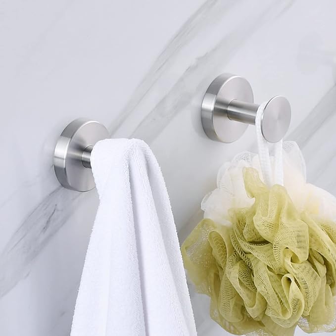 NEWRAIN Bathroom Towel Hooks, 2 Pack Towel Holder for Bathroom Wall, Cabinet Closet Door, Kitchen, Bedroom, Hotel - Modern Design Effortless Mounting Towel Hangers, Robe Hook Brushed Nickel