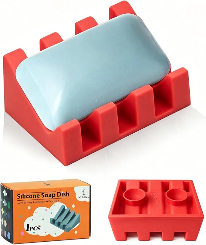 Silicone Soap Dish Self Draining with Suction Cups (Red,1 Pack) | Waterfall drainage design drains fast to keep soap dry silicone soap saver with reusable suction cups for bathroom & kitchen