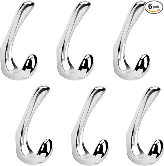 6 Pack Towel Hooks for Bathrooms Wall Mounted, Polished Chrome Bathroom Hooks for Towels, Robe & Towel Hook for Wall, Modern Bath Towel Hook