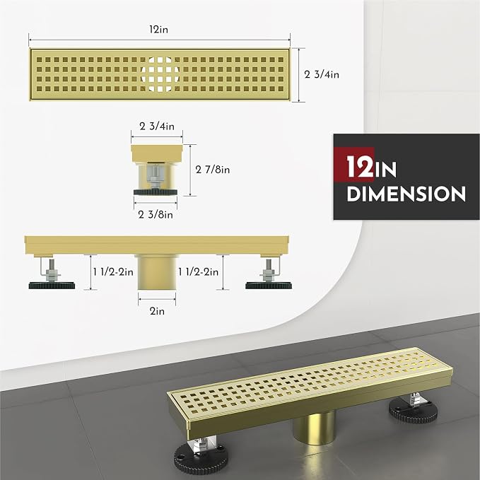 WEBANG 12 Inch Linear Shower Drain Rectangular Floor Drain with Accessories Square Hole Pattern Cover Grate Removable SUS304 Stainless Steel CUPC Certified Brushed Gold