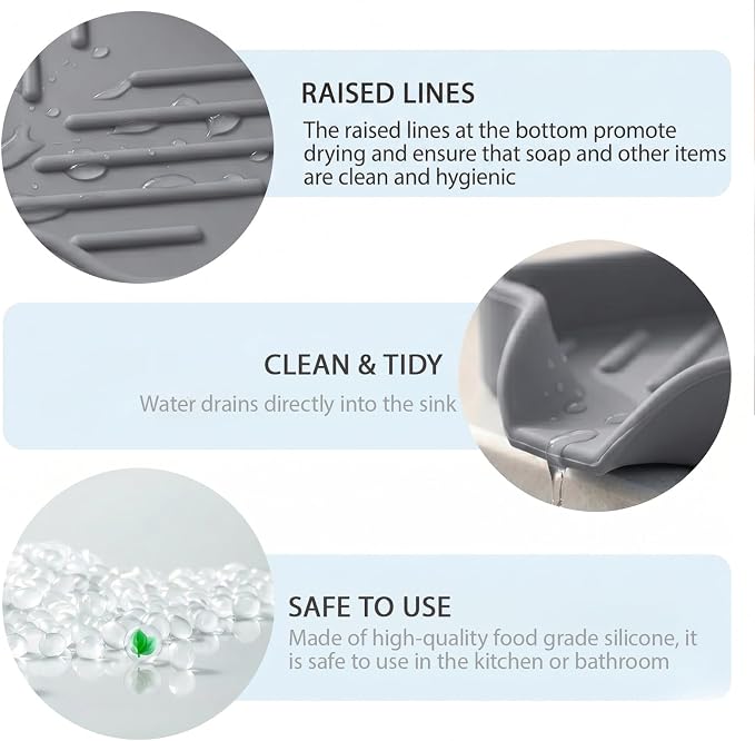 MicoYang Silicone Soap Dish with Drain Spout, Self-Draining Sink Organizer Tray for Bathroom and Kitchen, Sponges, Dispensers and Soap Holder, Non-Slip and Dishwasher Safe, Grey (Compact, 4.9"×3.2")