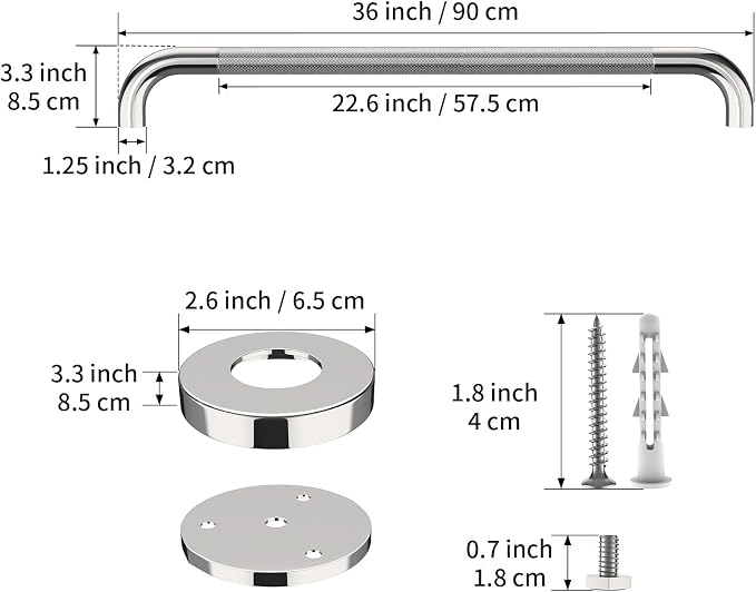 Anti Slip Shower Grab Bar 36 Inch, YuanDe Chrome Stainless Steel Bath Grab Bar, Knurled Bathroom Safety Rail, Shower Handrail Support, Handicap Elderly Balance Assist Handles-1.25" Diameter