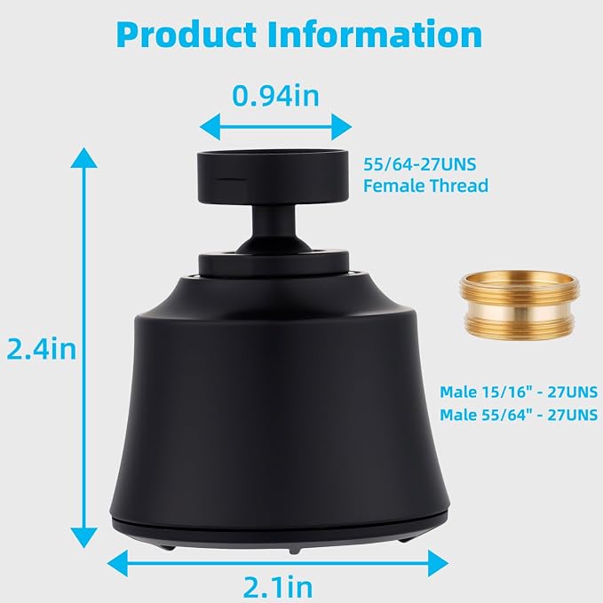 iFealClear Kitchen Sink Faucet Head with Metal Ball Joint, 360° Swivel Faucet Sprayer Head, Big Angle Faucet Aerator Adapter 55/64-27UNS Female Thread, 4 Spray Modes, Extra Metal Adapters, Matte Black
